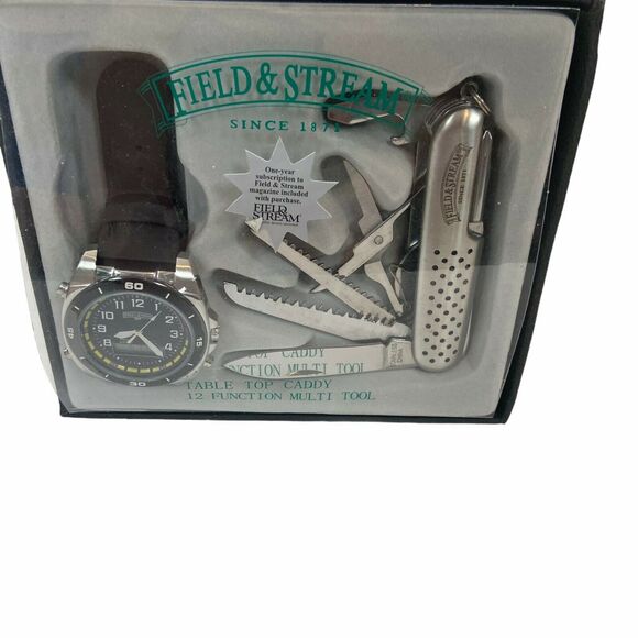 Field & Stream Watch Gift Set  Black Leather 12 Function Multi Tool Steel in Box - Picture 3 of 14